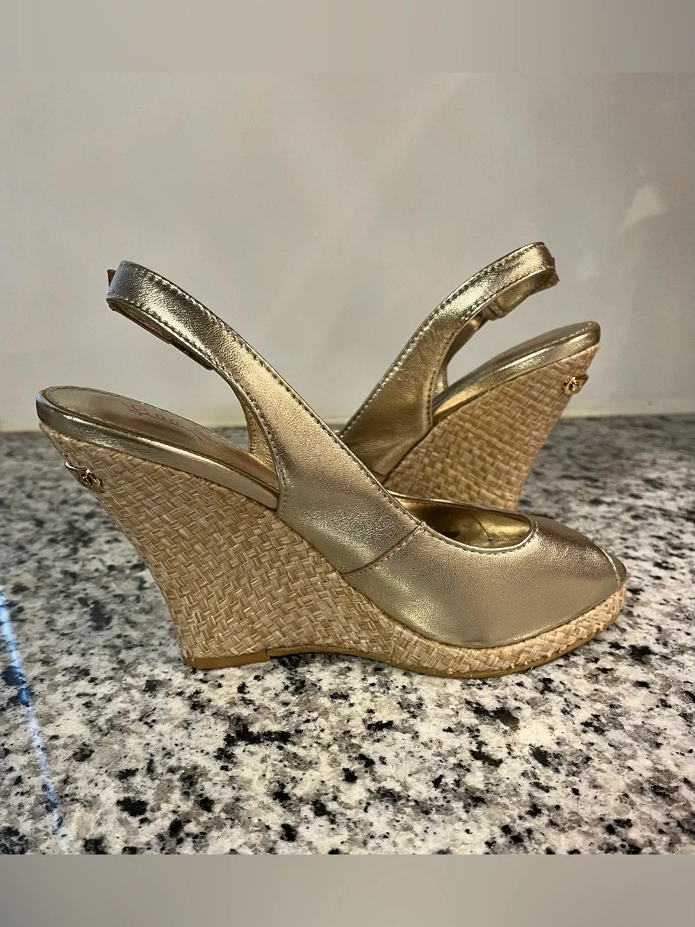 Lilly Pulitzer Kristen Gold Sling Back Open Toe Wedge Sandal